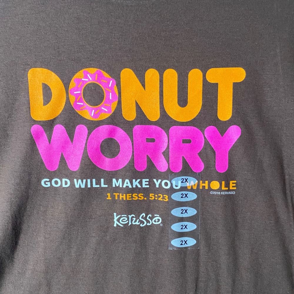 Donut Worry Christian T-Shirt Men 2XL Brown Religious Graphic Tee NEW Kerusso - Picture 2 of 8